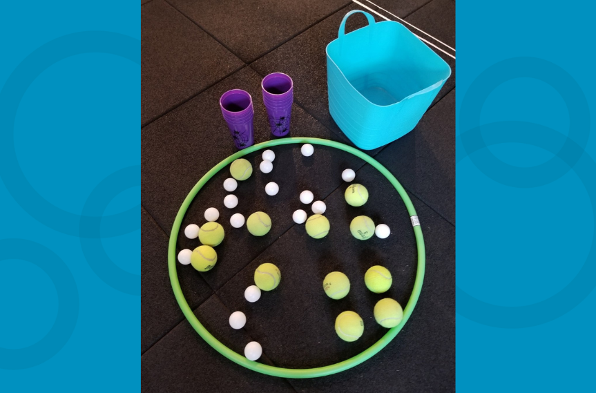 hoops, ping pong balls, and a bucket